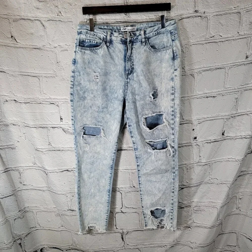 YMI Womens Destroyed Distressed Boyfriend‎ Fit Acid Wash Ankle 13/31 Casual 90s